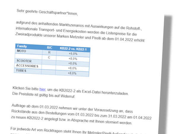 „Aufgrund des anhaltenden Marktszenarios mit Auswirkungen auf die Rohstoff-, internationale Transport- und Energiekosten“ hebt Pirelli die Listenpreise für die Zweiradprodukte seiner Marken Metzeler und Pirelli zum 1. April an (Bild: Screenshot)