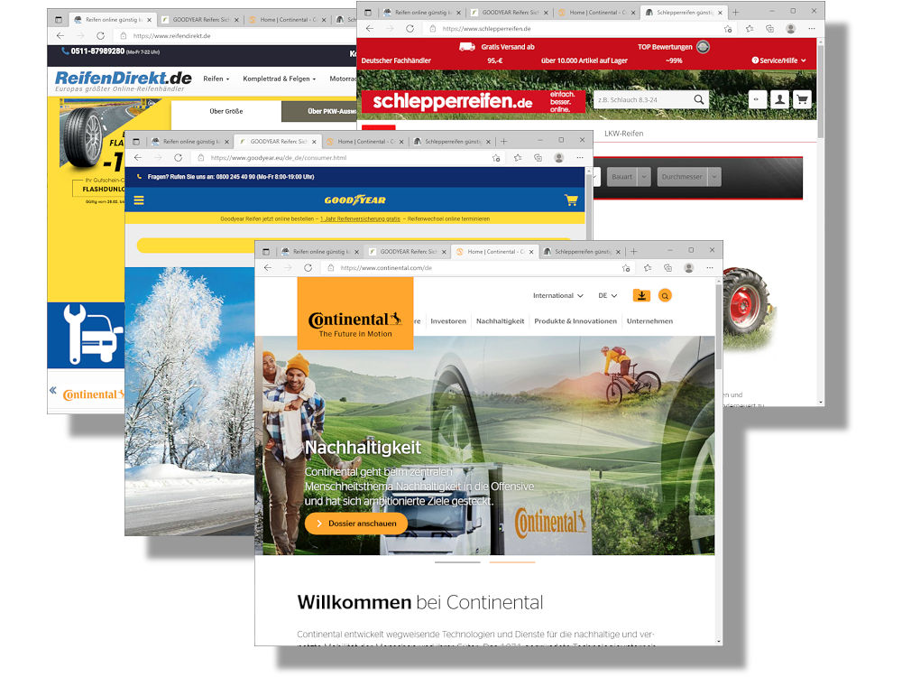 Sowohl bezogen auf die Reifenbranche insgesamt als auch mit Blick auf die Kategorie Reifenhändler soll ReifenDirekt die höchste Sichtbarkeit im Internet aufweisen, während dem Schlepperreifen-Shop der Tirmondo GmbH dies in Sachen spezialisierter Reifenhändler attestiert wird und Goodyear und Continental die entsprechenden Positionen bei den Reifenherstellern mit bzw. ohne eigenen E-Shop einnehmen (Bilder: Screenshots)