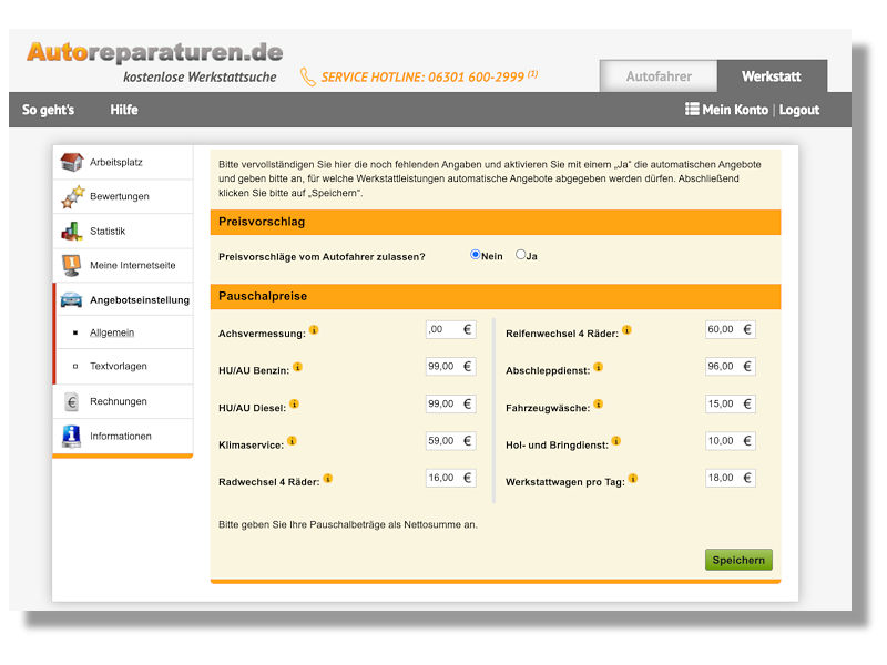 Das Autoreparaturen-Werkstattportal bietet eine neue Funktion, mittels der Kfz-Betriebe dort nun auch Pauschalpreise für Zusatzleistungen – Achsvermessung, HU/AU, Klimaservice, Reifenwechsel etc. – hinterlegen können, um so für Kunden interessanter zu werden und unter Umständen zusätzliche Umsätze generieren zu können (Bild: Saitow AG)