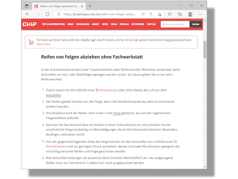 Zuerst als Aprilscherz aufgefasst, scheint dieses Chip-Online-Tutorial, wie Autofahrer ohne Werkstatt die Reifen von den Felgen ihres Autos abziehen können sollen, tatsächlich ernst gemeint zu sein (Bild: Chip Online/Screenshot)