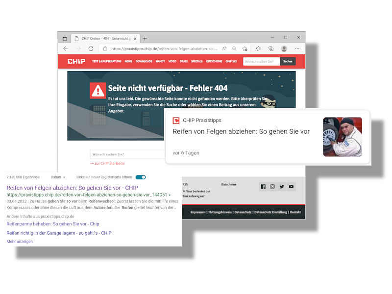Zwischenzeitlich ist der Praxistipp, wie Autofahrer selbst die Reifen ihres Fahrzeuges von den Felgen ziehen können sollen, aus dem Netz verschwunden, selbst wenn der Beitrag auf den Chip-Webseiten in Suchergebnislisten so manchen Browsers bedingt durch Caching mitunter noch auftauchen mag (Bilder: Screenshots)