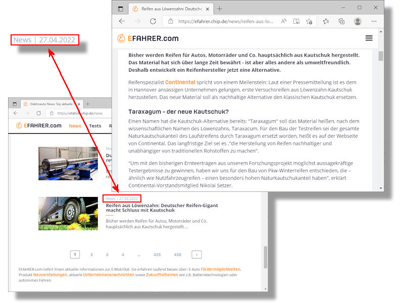Nicht wundern – oder doch? Die Ende April 2022 als „News“ [sic!] veröffentlichte Meldung des E-Fahrer genannten Portals von Focus Online und Chip zu Contis „Taraxagum“-Alternative zu herkömmlichem Naturkautschuk im Reifenbau basiert auf dem Informationsstand Herbst 2014 (Bild: Screenshot)