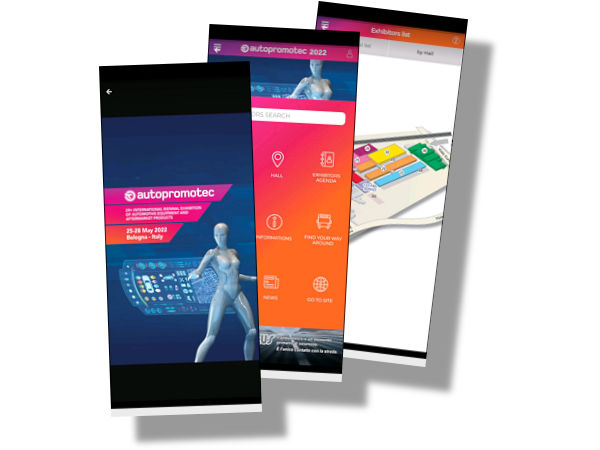 Details dazu, welche Unternehmen bei der Autopromotec als Aussteller Flagge zeigen, lassen sich seit Kurzem der im Google- respektive Apple-Store für die Betriebssysteme Android und iOS verfügbaren App zur Messe entnehmen (Bild: Screenshots)