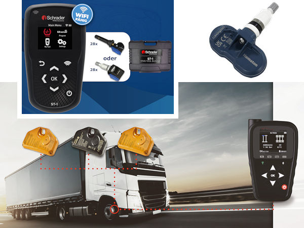 BH Sens zeigt bei der Messe seinen Universalsensor „IntelliSens UVS01HD“ samt Diagnosegerät (unten), während Hamaton einen BLE-Sensor für die Tesla-Modelle 3 und Y mit nach Köln bringt und Schrader Vorteilspakete rund um seinen „EZ-Sensor Go“ und das neue Wifi-/Bluetooth-fähige RDKS-Programmiergerät „ST-1“ (Bilder: BH Sens, Hamaton, Schrader)