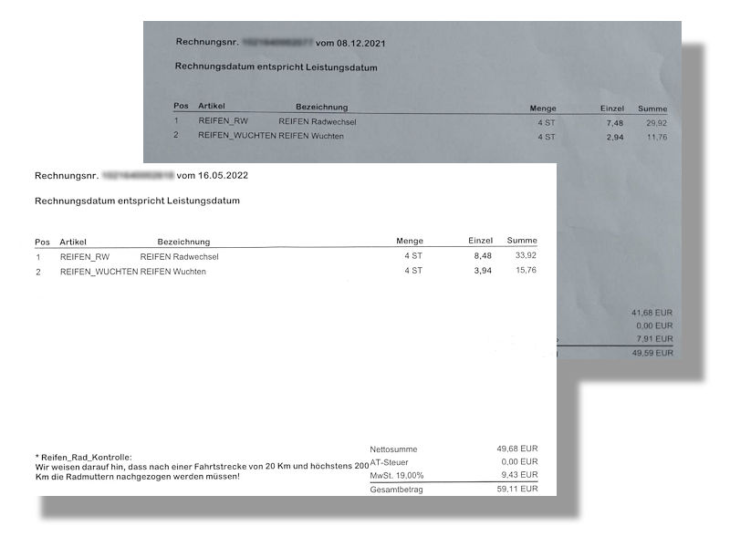 Je nachdem, worauf konkret man sich bezieht, sind die Dienstleistungsnettopreise in diesem Einzelfallbeispiel in den zurückliegenden gut fünf Monaten um rund 13 Prozent (Radwechsel) und 34 Prozent (Auswuchten) gestiegen, im Summe mithin um knapp ein Fünftel bzw. 19 Prozent (Bild: NRZ/Christian Marx)