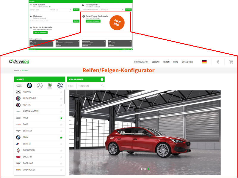 Der auf der Werkstattplattform mit Blick auf Reifen und Felgen als neues Modul zu Verfügung stehende 2D-/3D-Konfigurator, der direkt vom virtuellen Drivelog-Marktplatz aus ausgewählt werden können soll, ermöglicht nach Anbieteraussagen eine einfache und schnelle Suche (Bild: Added Value Unlimited GmbH)