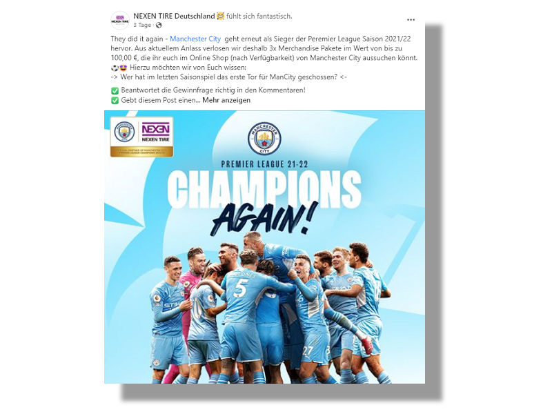 Wer auf der Facebook-Präsenz von Nexen Tire Deutschland eine Frage zur Premier-League-Saison 2021/2022 beantwortet und den entsprechenden Post dort mit „Gefällt mir“ markiert kann ein Manchester-City-Merchandisepaket gewinnen (Bild: Screenshot)