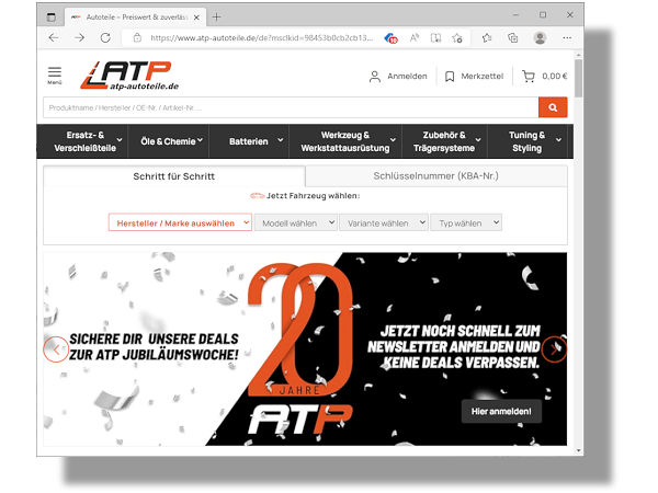 Mit einem Jahresumsatz von nach eigenen Angaben mehr als 100 Millionen Euro und einem Sortiment von rund einer Million geführter Artikel sieht sich der Onlinehändler ATP als „einer der größten Verkäufer von Autoersatzteilen im deutschsprachigen Raum“ (Bild: Screenshot)