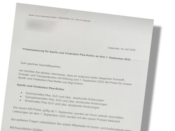 Die Apollo Tyres (Germany) GmbH hat zum 1. September eine Preisanpassung bzw. „strukturelle Änderungen“ seiner Verkaufspreise für Apollo- und Vredestein-Reifen für das Consumer-Segment angekündigt (Bild: Apollo Tyres)