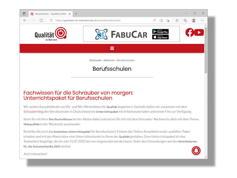 Aktuell sollen bereits 17 Schulen aus ganz Deutschland mit insgesamt über 2.100 Schülern das Unterrichtspaket angefordert haben, das auch für das neue Schuljahr kostenlos zur Verfügung steht unter www.qualitaet-ist-mehrwert.de/aktionen/berufsschulen (Bild: Screenshot)