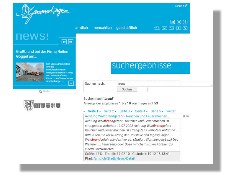 Nach dem Brandunglück bei dem Großhändler Göggel ist dessen Heimatstadt Gammertingen in die Kritik geraten, weil man einerseits Tage zuvor per Webmitteilung „Rauchen und Feuer machen (...) strengstens verboten“ hatte, nicht aber das Feuerwerk des Unternehmens und besagte Warnung kurz nach dem Brand von der Homepage der Kommune verschwunden war (Bild: Screenshot)