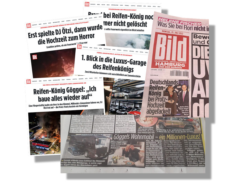 „Mega“, „Protz“ und „Luxus“ trifft auf „Drama“ und „Horror“ – die Boulevardpresse hat sich höchst öffentlichkeitswirksam des Themas Reifen angenommen mit ihrer Berichterstattung zu dem Brand bei dem zum „Reifenkönig“ ausgerufenen Großhändler Göggel (Bilder:privat/Screenshots, Montage: NRZ/Christian Marx)