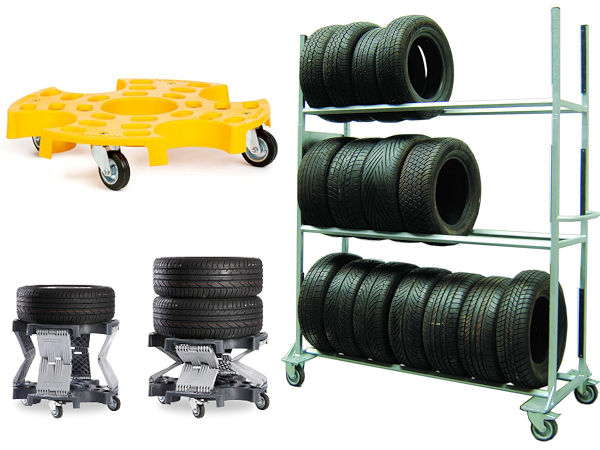 Zu den befristeten sogenannten Messeangeboten gehören verschiedene „Wheel-Trolley“-Varianten genauso wie ein verzinkter Reifenwagen mit drei Ebenen für bis zu 24 Räder/Reifen (Bilder: Gewe LagerTec)
