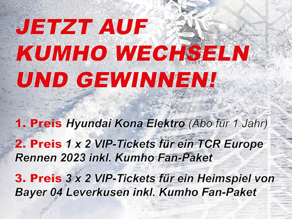 „Jetzt auf Kumho wechseln und gewinnen“ ist das Motto der aktuellen Winterkampagne des koreanischen Herstellers, bei der Endverbraucher wieder etwas gewinnen können – die vollständigen Teilnahmebedingungen sollen unter app.kumho.de abrufbar sein (Bild: Kumho)
