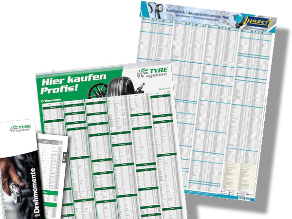 Sowohl bei dem Werkzeughersteller Hazet als auch über die RSU-Großhandelsplattform TyreSystem sind Poster/Plakate mit den Radanzugsdrehmomenten gängiger Fahrzeugmodelle verfügbar, die in ersterem Fall zudem noch Angaben zu den Reifenfülldrücken enthalten (Bilder: Hazet, RSU)