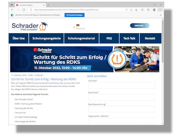 Wer an dem einstündigen RDKS-Schulungswebinar teilnehmen möchte, kann sich unter www.tpmsacademy.com/de-DE/EventRegistration/WartungdesRDKS.aspx dafür anmelden (Bild: Screenshot)
