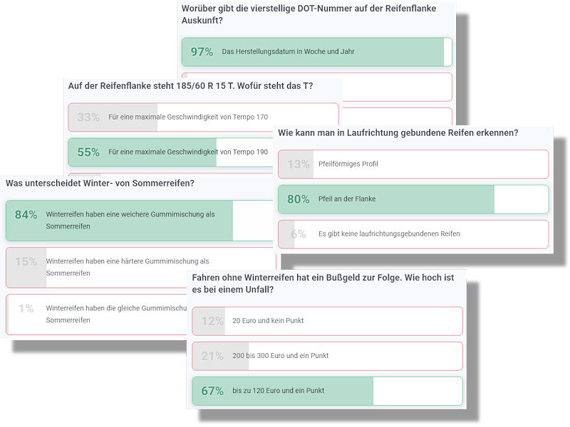 Die Anteile richtiger Antworten liegen im Bereich von maximal 93 Prozent bei einer Frage zur DOT-Nummer bis hinunter zu immerhin noch 55 Prozent, die wissen, dass der Geschwindigkeitsindex T auf der Reifenseitenwand für maximal 190 km/h steht (Bilder: Screenshots)