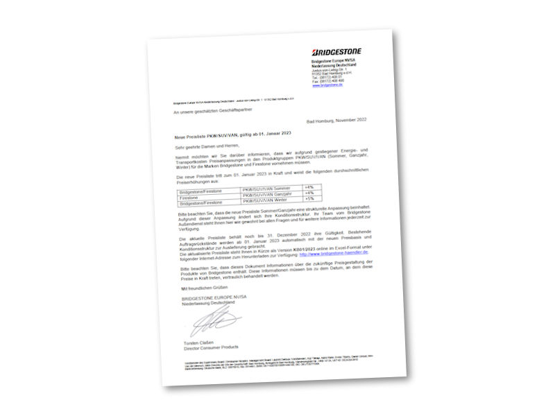 Bridgestone Preiserhoehung tb