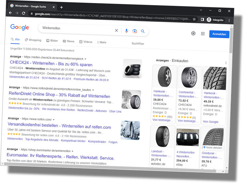 Speziell beim Stichwort Winterreifen liegt laut einer entsprechenden Research-Tools-Analyse Check24 mit einem 40,3-prozentigen Anzeigenanteil bei den bezahlten Ergebnissen entsprechender Onlinerecherchen in Front (Bild: Screenshot)