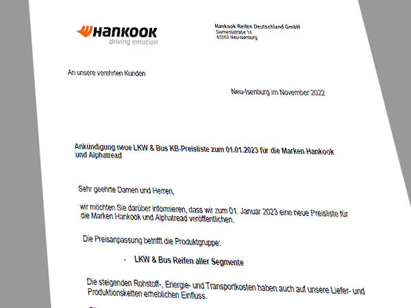 Hankook Lkw Reifen Preiserhoehung tb