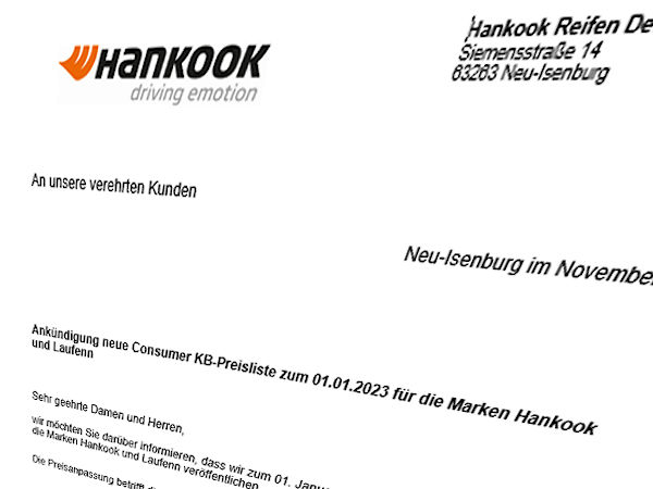 Hankook Preisanpassung tb