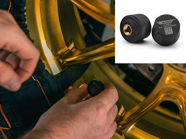 Der „Rideet“-Sensor wird anstelle der normalen Kappe aufs Ventil geschraubt und sendet die von ihm aufgenommenen Daten per Bluetooth-Schnittstelle an eine zugehörige kostenlose Smartphone-App (Bilder: Solectric GmbH)