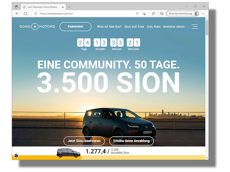 Dass rund um das zurückliegende Weihnachtsfest die Marke von 1.000 Vollanzahlungen im Rahmen der #savesion genannten Kampagne geknackt wurde, wertet Sono Motors als Indiz dafür, dass es sich lohnt, gemeinsam für das Solarelektroauto Sion zu kämpfen, dessen Entwicklung als „weit fortgeschritten“ beschrieben wird (Bild: Screenshot)