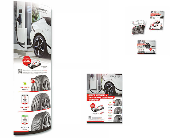 Beworben wird die Sell-out Promotion am Point of Sale mithilfe eines von Kumho zur Verfügung gestellten Displays, einer Thekenauflage und eines Posters – zusätzlich will der Reifenhersteller die Aktion mit einer nationalen Werbekampagne unterstützen (Bild: Kumho)