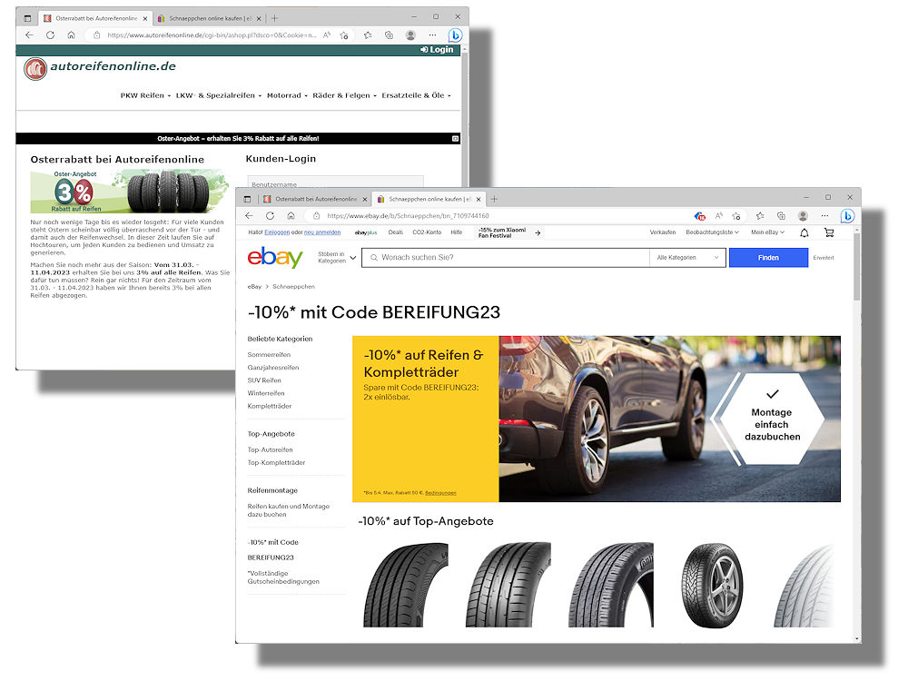 Noch bis 11. April können Händler in Delticoms Geschäftskundenshop Autoreifenonline von einem Rabatt in Höhe von „drei Prozent auf alle Reifen“ profitieren, während eBay Endverbrauchern eine Ersparnis von bis zu zehn Prozent beim Kauf von Reifen und Kompletträder über seinen Marktplatz verspricht (Bilder: Screenshots)