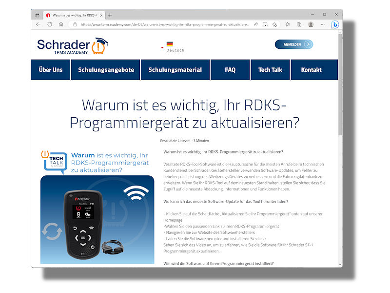 Im neuesten Tech Talk seiner Academy erklärt Schrader, warum und wie Anwender die Software des „ST-1“ genannten RDKS-Tool aktualisieren sollten bzw. können (Bild: Screenshot)