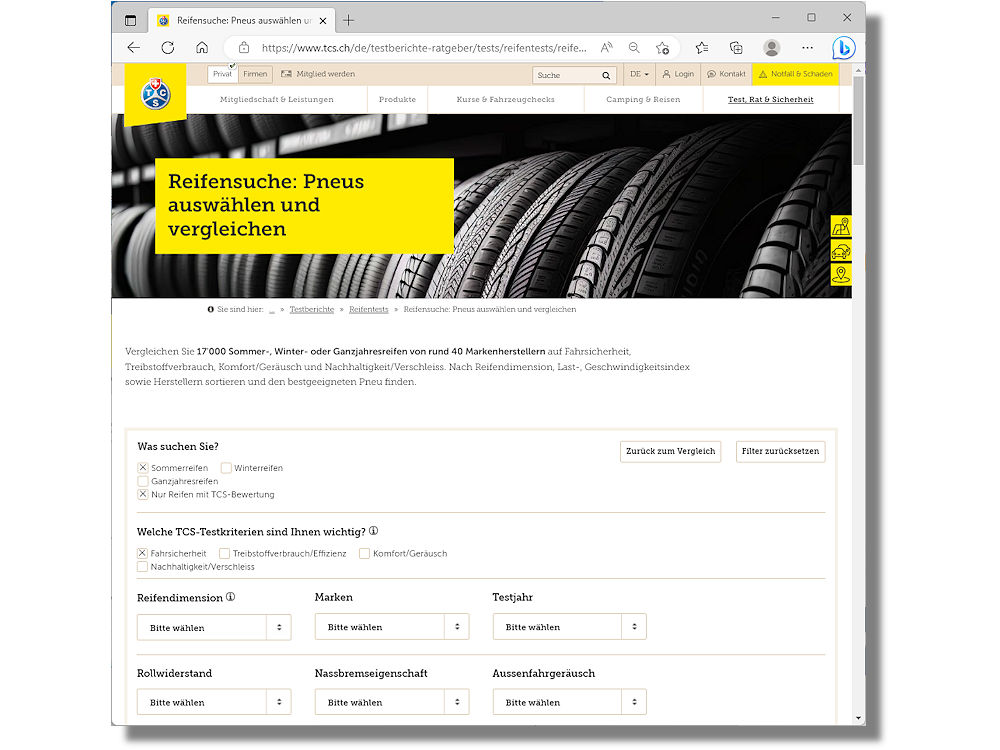 In nur wenigen Schritten können sich Autofahrer Reifen mit den ihnen wichtigen Eigenschaften Fahrsicherheit, Treibstoffverbrauch, Komfort/Geräusch oder Nachhaltigkeit/Verschleiß vorschlagen lassen bzw. vergleichen (Bild: Screenshot)