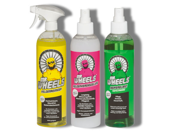 Neben Rädern seiner Marken 2DRV und Axxion will Wheelword bei den PS Days in Hannover auch die Pflegeserie seiner Eigenmarke Mr. Wheels präsentieren, die Felgenreiniger und -versiegelung sowie Reifenglanz umfasst (Bilder: Wheelworld)