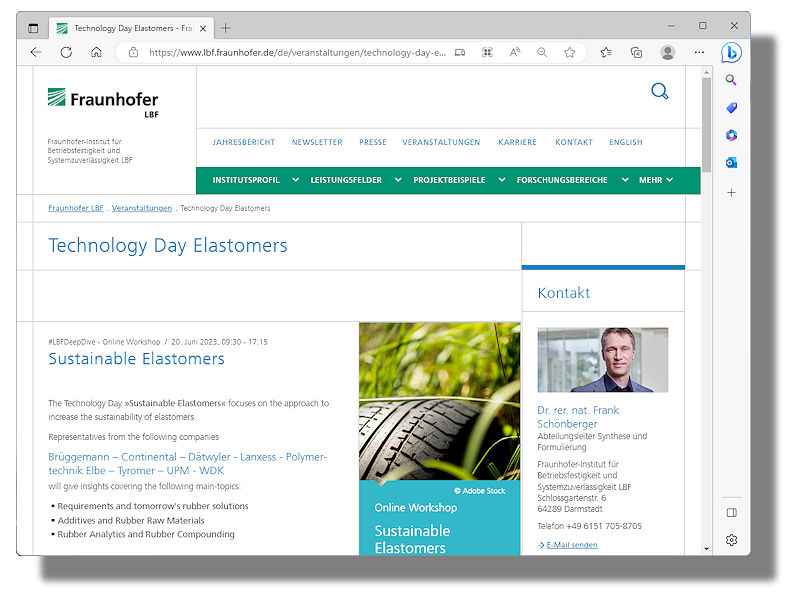 Weitere Informationen samt einer Anmeldemöglichkeit zu dem Onlineworkshop „Nachhaltige Elastomere“ finden Interessierte auf den Webseiten des Darmstädter Fraunhofer-Institutes für Betriebsfestigkeit und Systemzuverlässigkeit (Bild: Screenshot)