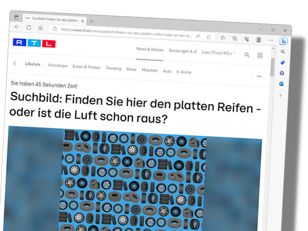 Wie RTL sagt, hätten selbst echte Suchbildprofis Mühe, binnen 45 Sekunden die Reifen richtig zu kategorisieren bzw. den einen „platten“ unter ihnen zu identifizieren (Bild: Screenshot)