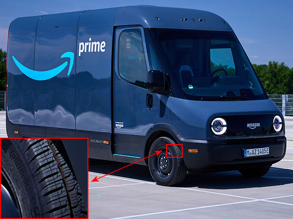 Wie im nordamerikanischen Markt, wo bereits mehr als 3.000 dieser E-Vans unterwegs sein sollen, rollen die Rivian-Elektrotransporter, die Amazon auf europäische/deutsche Straßen bringen will, ganz offensichtlich auch auf Conti-Reifen, wobei die Wahl für hiesige Regionen augenscheinlich auf das Ganzjahresprofil „VanContact 4Season“ gefallen ist (Bild: Amazon)