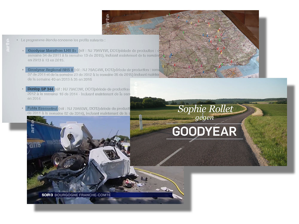 Als sich Sophie Rollet näher mit dem tödlichen Unfall ihres Mannes aufgrund wohl eines geplatzten Goodyear-Reifens befasste, ist sie auf noch zahlreiche weitere Fälle gestoßen, die nun gerichtlich untersucht werden, während der Reifenhersteller selbst sagt, dass nichts darauf hindeute, dass seine Reifen „Marathon LHS II“ und „Marathon LHS II +“ mit irgendeiner Unfallserie in Verbindung gebracht werden können (Bilder: Arte/Screenshots)