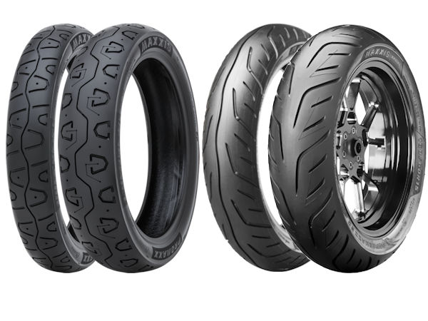 Benelli hat sich bei seinem Retro-Bike Imperiale 400 für das Maxxis-Profil „M-6400“ (links) in 100/90-19 und 130/80-18 am Vorder- bzw. Hinterrad als Erstausrüstung entschieden, während bei dem Kymco-Dreiradroller CV3 ab Werk eine Kombination aus dem „MA-Wings“ in 110/70-13 vorne und „Supermaxx SC“ in 160/60 R15 hinten montiert wird (Bilder: Maxxis)