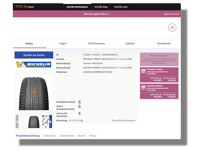 Die Alzura AG hat dem Beratungsmodus ihrer B2B-Plattform Tyre24 erweiterte Funktionalitäten spendiert: Dazu gehört die etwa Anzeige der voraussichtlichen Lieferzeiten der einzelnen Lieferanten, damit Händler die Montagetermine für ihre Kunden besser planen können (Bild: Alzura AG)