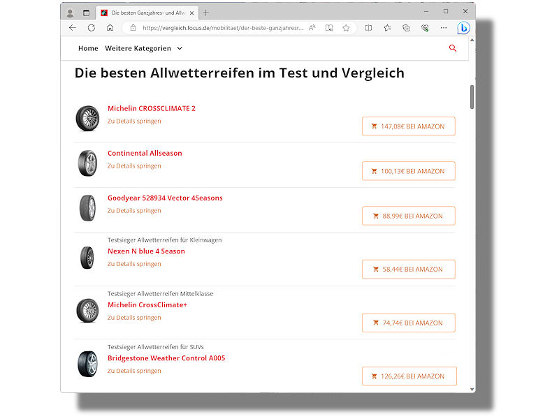 Wie und warum es die betreffenden Profile auf die Focus-Liste der „besten Allwetter- und Ganzjahresreifen“ geschafft haben sollten, ist zumindest zum Teil nicht so recht nachvollziehbar, welchen Zweck die Übersicht erfüllen soll aber schon eher (Bild: Screenshot)