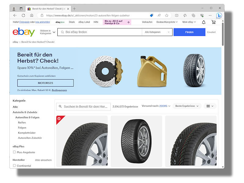 Über den Gutscheincode „MOTORS23“ gewährt eBay beim Kauf von Autoteilen und -zubehör über seinen Marktplatz aktuell noch einen zehnprozentigen Rabatt sowie damit unter anderem auch auf Reifen (Bild: Screenshot)