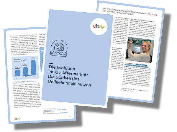 Das über die Webseiten der Zeitschrift Kfz-Betrieb angebotene eBay-Whitepaper soll Strategien und Entwicklungsmöglichkeiten im Geschäft mit gebrauchten und wiederaufbereiteten Teilen aufzeigen, wobei es auch um den „proreifen_shop“ auf dem Marktplatz geht, über den Runderneuerer Reifen Hinghaus Produkte seiner Marke King Meiler online vermarktet (Bilder: eBay)