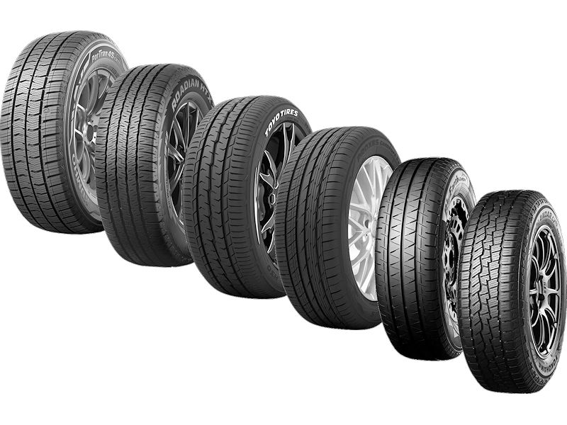 Sind mit einem Good Design Award 2023 bedacht worden (von links): Kumhos „PorTran 4S CX11“, Nexens Roadian HTX 2“, Toyos „H30“ und „Proxes Comfort Ⅱs“ sowie Yokohamas „BluEarth-Camper“ und „Geolandar CV4S G061“ (Bilder: Kumho, Nexen, Toyo, Yokohama)
