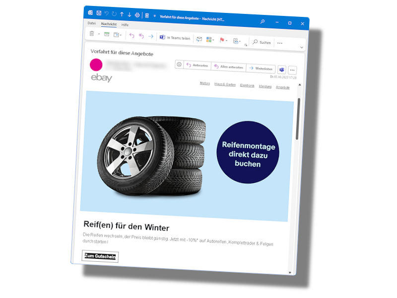 Die eBay-Rabattaktion in Sachen Autoreifen, Kompletträder und Felgen wird derzeit über ein Mailing beworben (Bild: Screenshot)