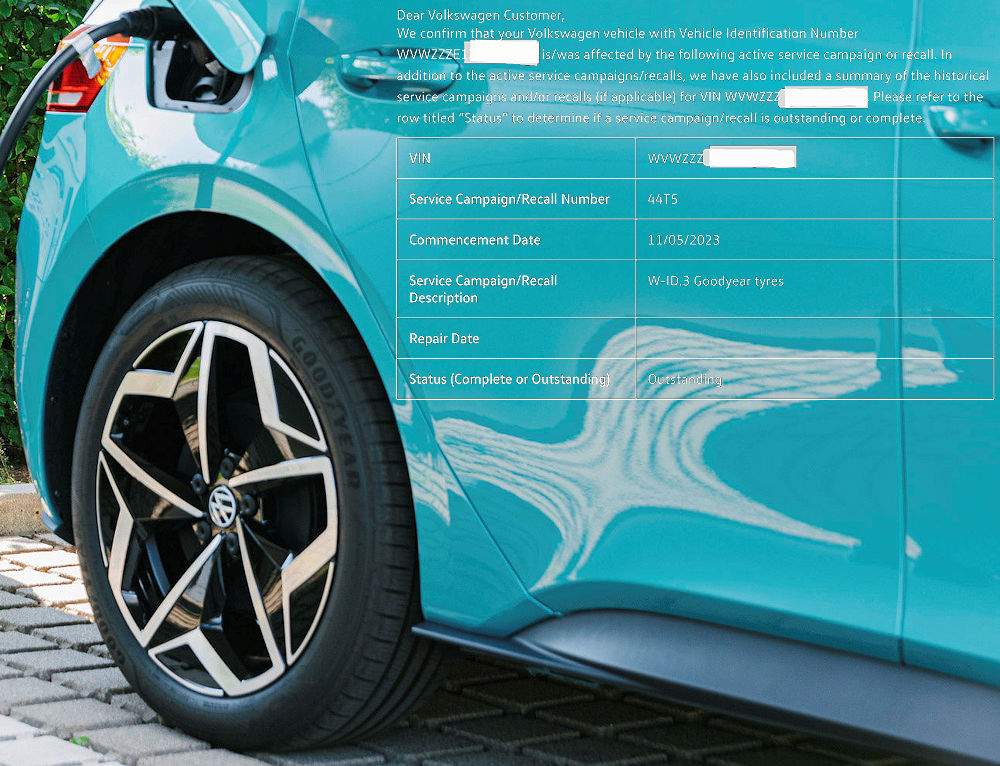 Laut VW kann es hinsichtlich bestimmter beim ID.3 als Erstausrüstung verbauter Goodyear-Reifen „aus einem begrenzten Produktionszeitraum unter Umständen zu einer Rissbildung an der Reifeninnenseite kommen“, weshalb schon im Frühjahr eine „Servicekampagne“ mit der „Rückrufnummer“ 44T5 bzw. eine entsprechende Austauschaktion gestartet wurde (Bilder: Volkswagen, MeinID/AndreasL/Screenshot)