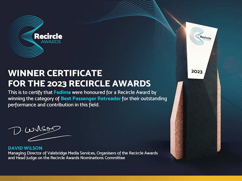 WINNER CERTIFICATE Best Passenger Retreader 2023 Fedima tb
