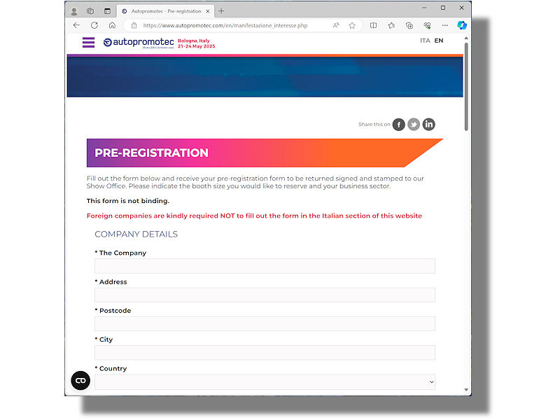 Mittels eines auf den Autopromotec-Webseiten bereitgehaltenen Onlineformulars können sich bei der Messe potenziell als Aussteller dabei sein wollende Unternehmen bereits jetzt für die im Mai 2025 stattfindende Messe vorregistrieren (Bild: Screenshot)