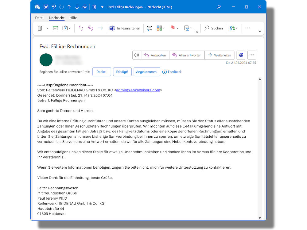 Nicht antworten! Mit gefälschten E-Mails vermeintlich im Namen des Reifenwerkes Heidenau – und weiterer Firmen auch aus anderen als der Reifenbranche – versuchen Kriminelle immer wieder, an Geld der Angeschriebenen zu kommen (Bild: NRZ/Screenshot)