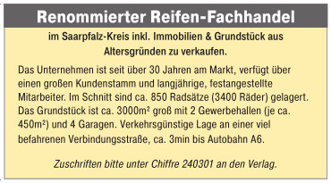 Reifenfachhandel zu verkaufen - Saarpfalz-Kreis