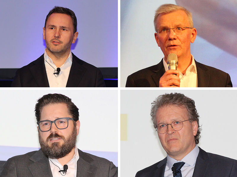 Berichten für die jeweils von ihnen verantworteten GRS-Bereiche über ein erfolgreiches Jahr (von links oben im Uhrzeigersinn): die Premio-, HMI- und 4Fleet-Manager Michael Baum, Edgar Zühlke und Jochen Clahsen sowie Michael Weitz als neuer FRI-Geschäftsführer (Bilder: NRZ/Christian Marx)
