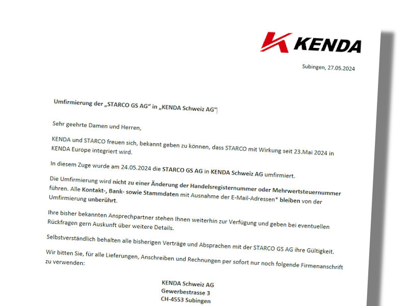 Im Zuge der am 23. Mai erfolgten Integration von Starco in Kenda Europe hat die Starco GS AG umfirmiert und tritt seither unter dem Namen Kenda Schweiz AG im Markt auf (Bild: Kenda)